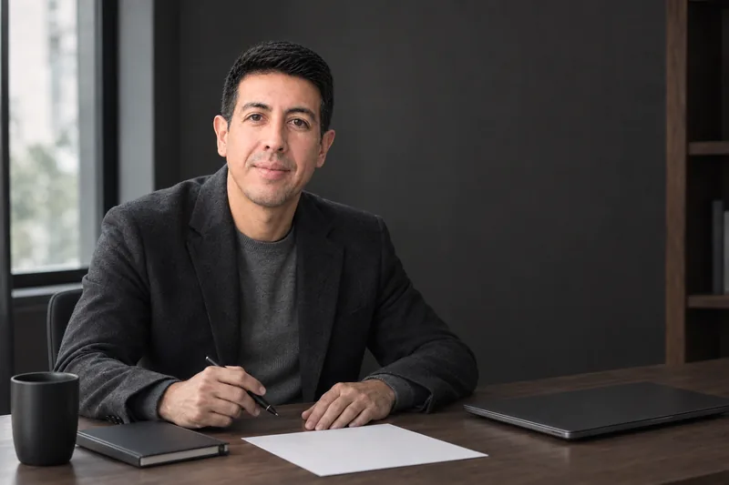Samir Muñiz sentado a su escritorio, con una hoja, una libreta y la laptop cerrada.